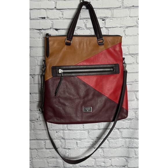 Fossil Dawson Leather Foldover Tote Red/Gold/Burgandy ZB6655995, Excellent, Soft - Picture 2 of 11